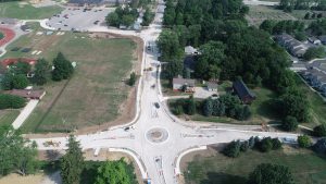 Drone view of the roundabout at Baker Rd and Shield Rd looking North