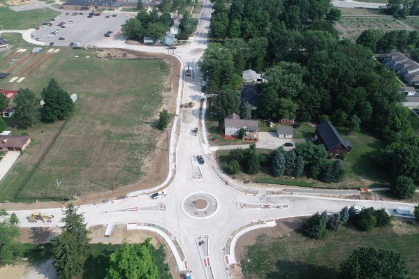Drone view of the roundabout at Baker Rd and Shield Rd looking North