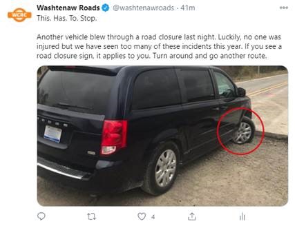snip of WCRC tweet about work zone intrusion
