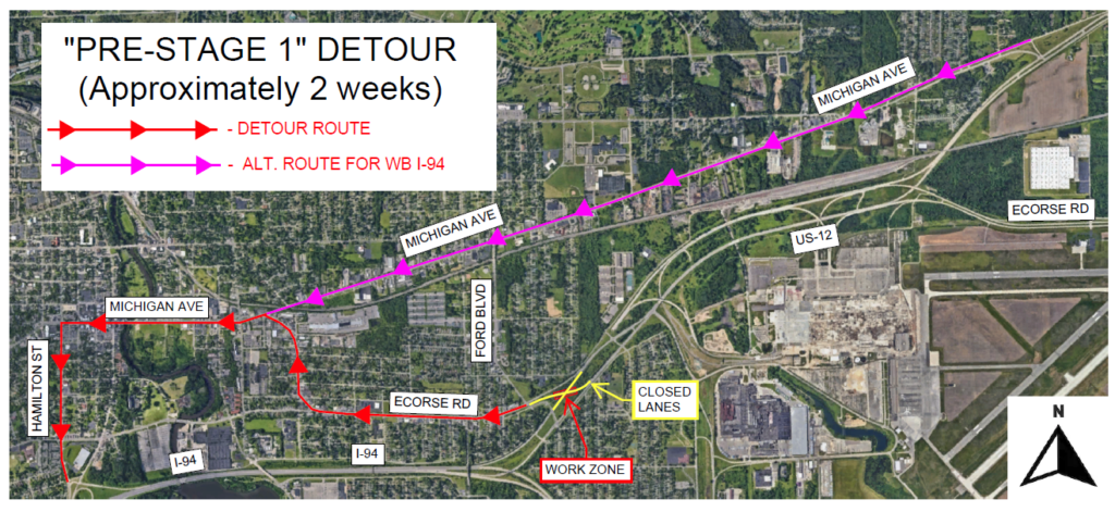 map showing the detour for Phase 1 of the US-12 project