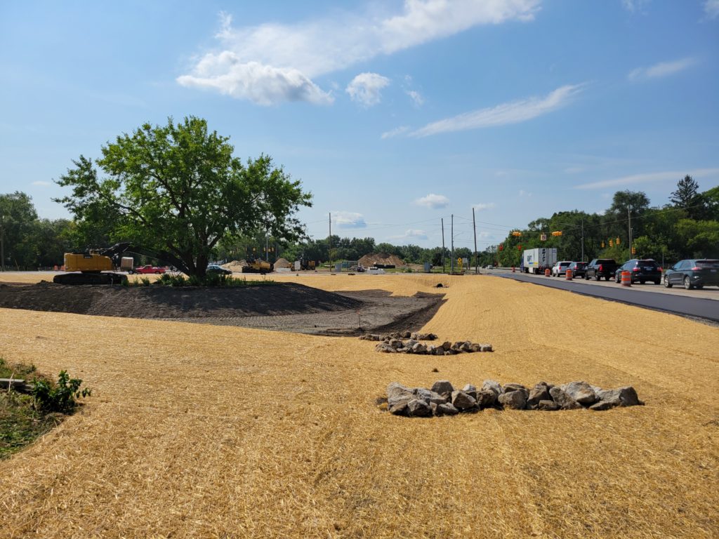 View of the grass seed and straw blankets placed along WB US-12.