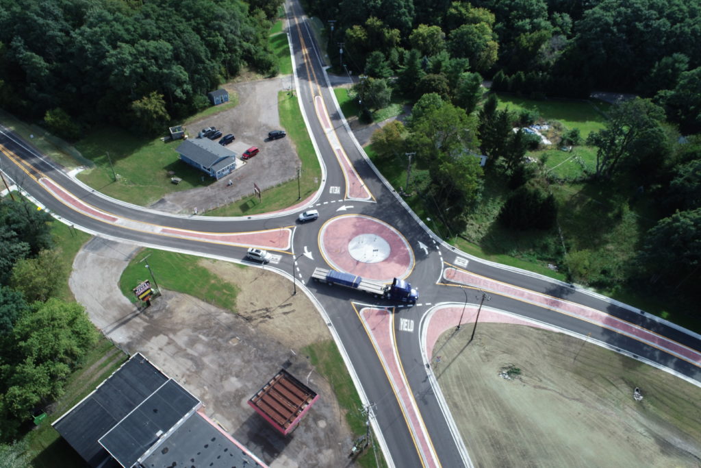 drone's eye view of the new roundabout at Pontiac Tr and N. Territorial Rd